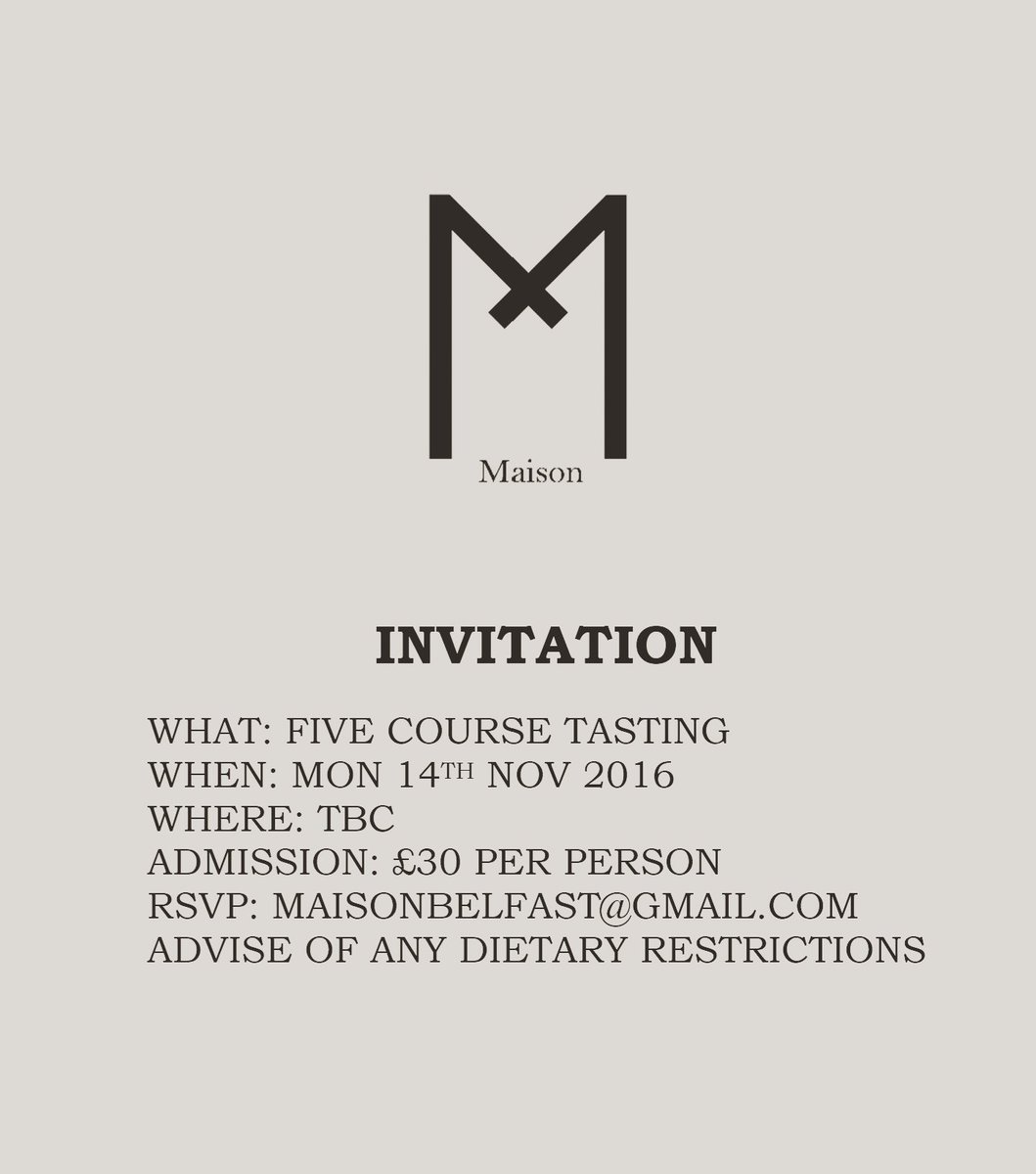 MaisonBelfast's tweet photo. Invitation just been sent out.

#secretdining
#belfast
#supperclub
#belfastneedsthis
#foodandwine
#whoscoming https://t.co/dWpiXAe37G