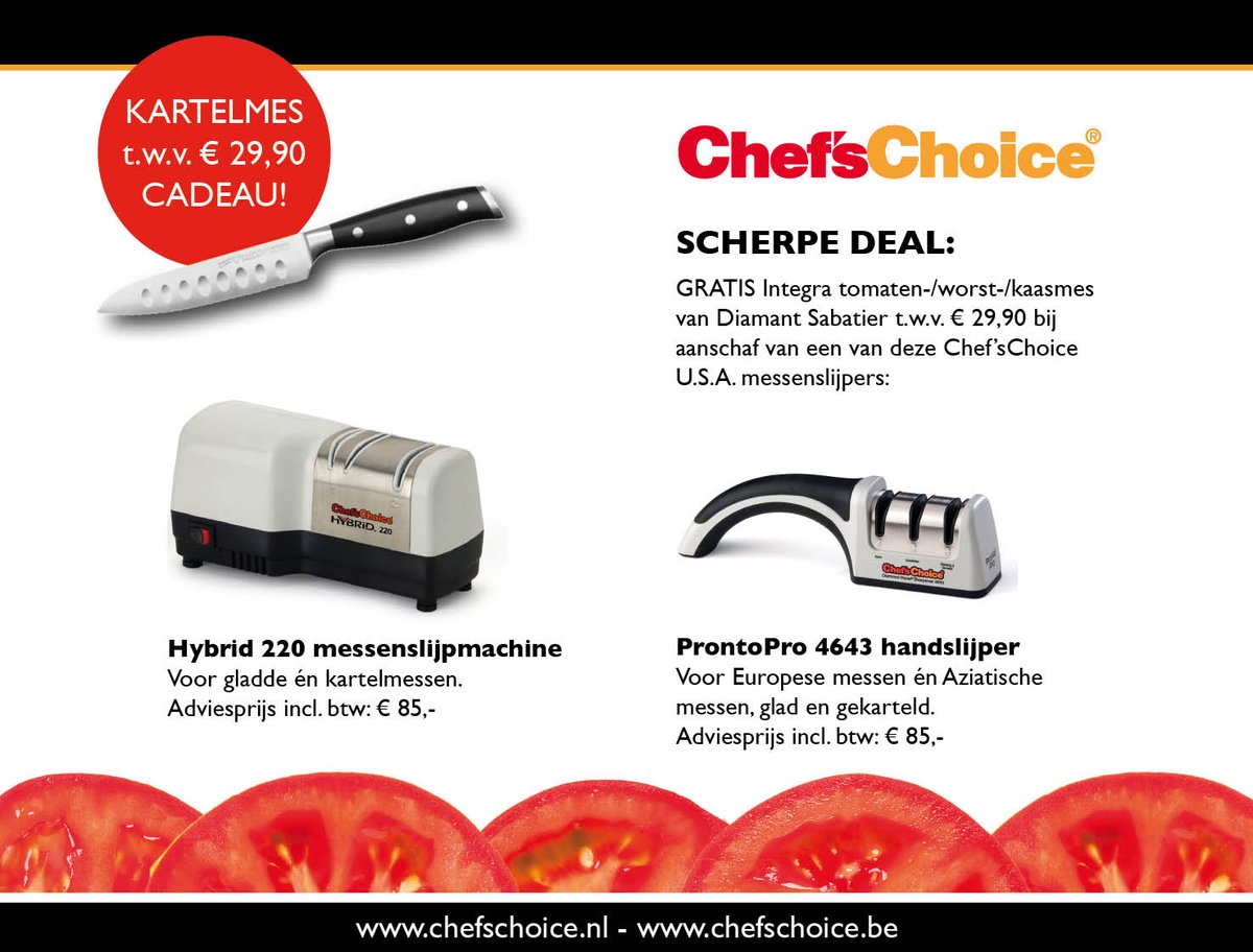 GRATIS kartelmes bij aankoop van een Chef'sChoice messenslijper. Oa verkrijgbaar bij <a href="/fonq/">fonQ</a>: fonq.nl/producten/merk…