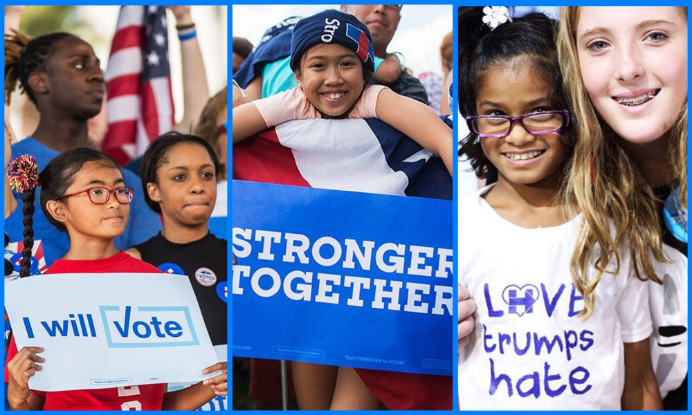 ImwithHer2016's tweet photo. They might not be old enough to vote, but they’ve still picked up on the most important messages of this campaign. #ImWithHer https://t.co/vG9yYLP3Y2