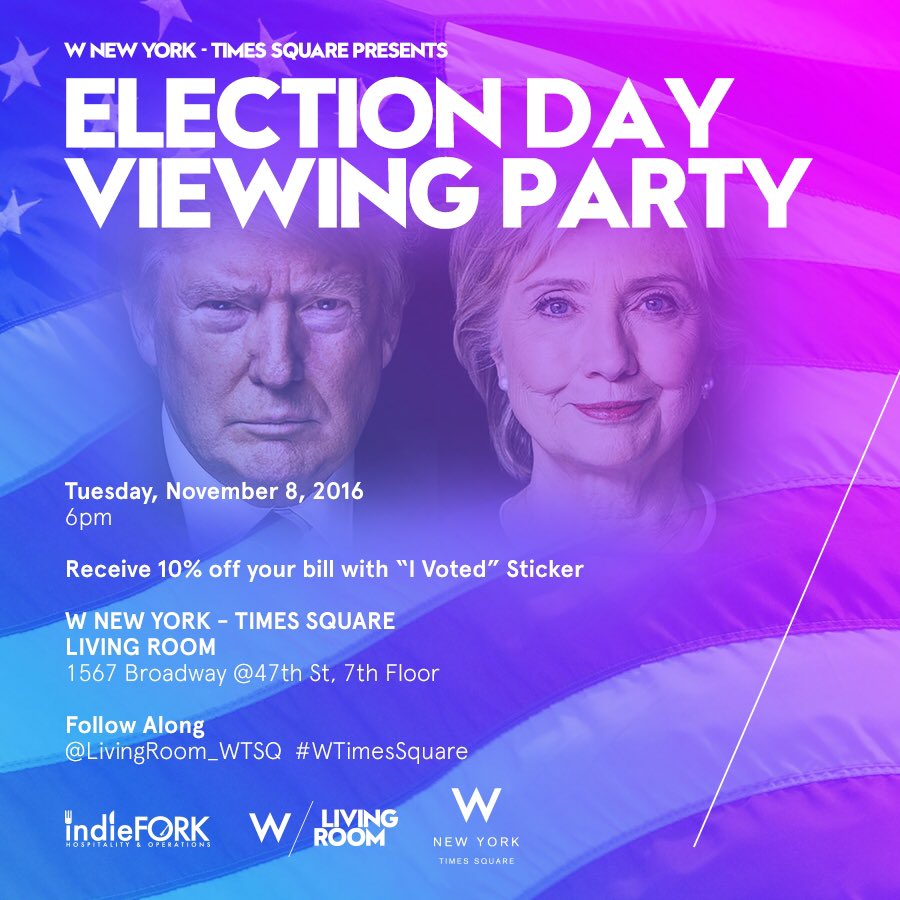 TOMORROW come watch election day coverage at <a href="/LIVINGROOM_WTSQ/">Living  Room / WTSQ</a> while sipping some of the finest hand crafted cocktails in NYC!