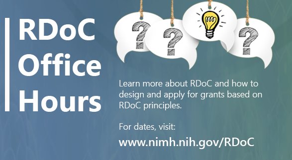 NIMHgov's tweet image. Are you a researcher with questions about the RDoC initiative? Join a virtual office hour session on Nov 10, 1PM ET! bit.ly/2eL2fo1