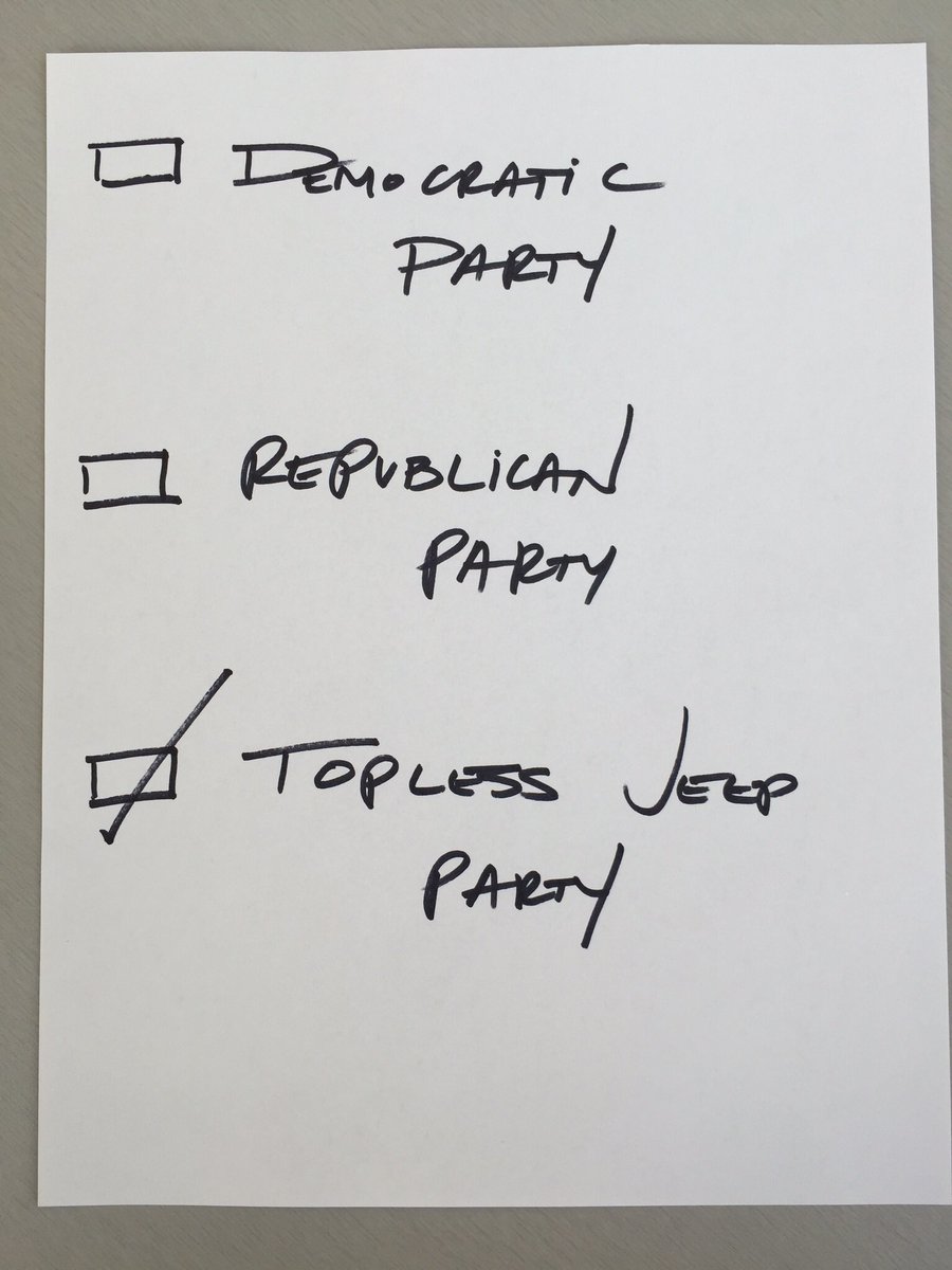 My current stance on the Election...

#ToplessJeepParty
#VoteTopless