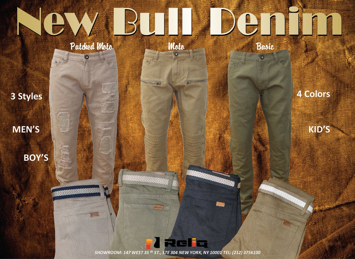 Reliqinc's tweet photo. New #BullDenim Jeans available now! For orders email jasmin@reliqinc.com or call (212) 375-6100 ext. 14. #Wholesale orders only! https://t.co/9YxeAwjnbR