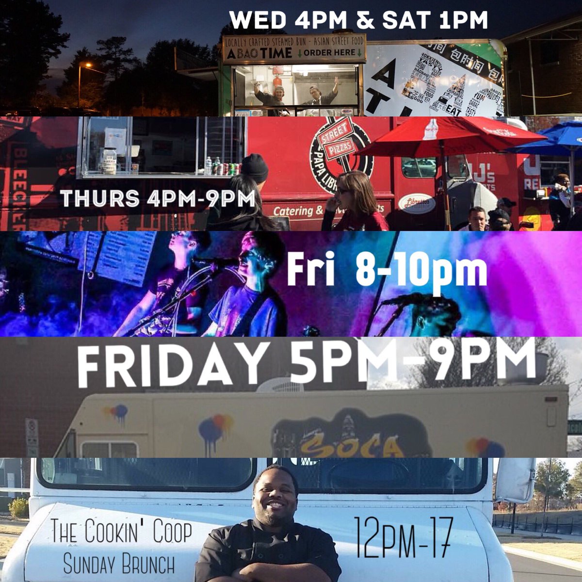 🍕🎼 Food &amp; Music line up this week at the brewery. @a_bao_time @librettosstreetpizza <a href="/socaeatery/">SOCA mobile eatery</a> <a href="/thecookincoop/">Cluckin Chuck</a> Music w/ @cbmandtheoutbacks