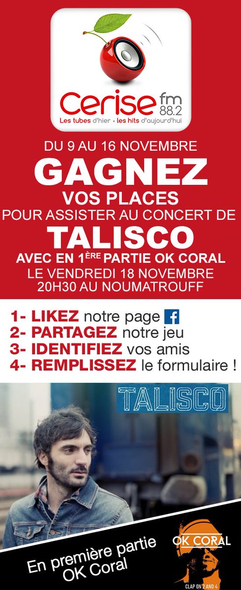 CeriseFM's tweet photo. GAGNEZ vos invitations pour le concert de TALISCO avec OK CORAL le vendredi 18/11, 20h30 au Noumatrouff à Mulhouse.
https://t.co/KkIgAkLx04 https://t.co/gEGfg7QY5R