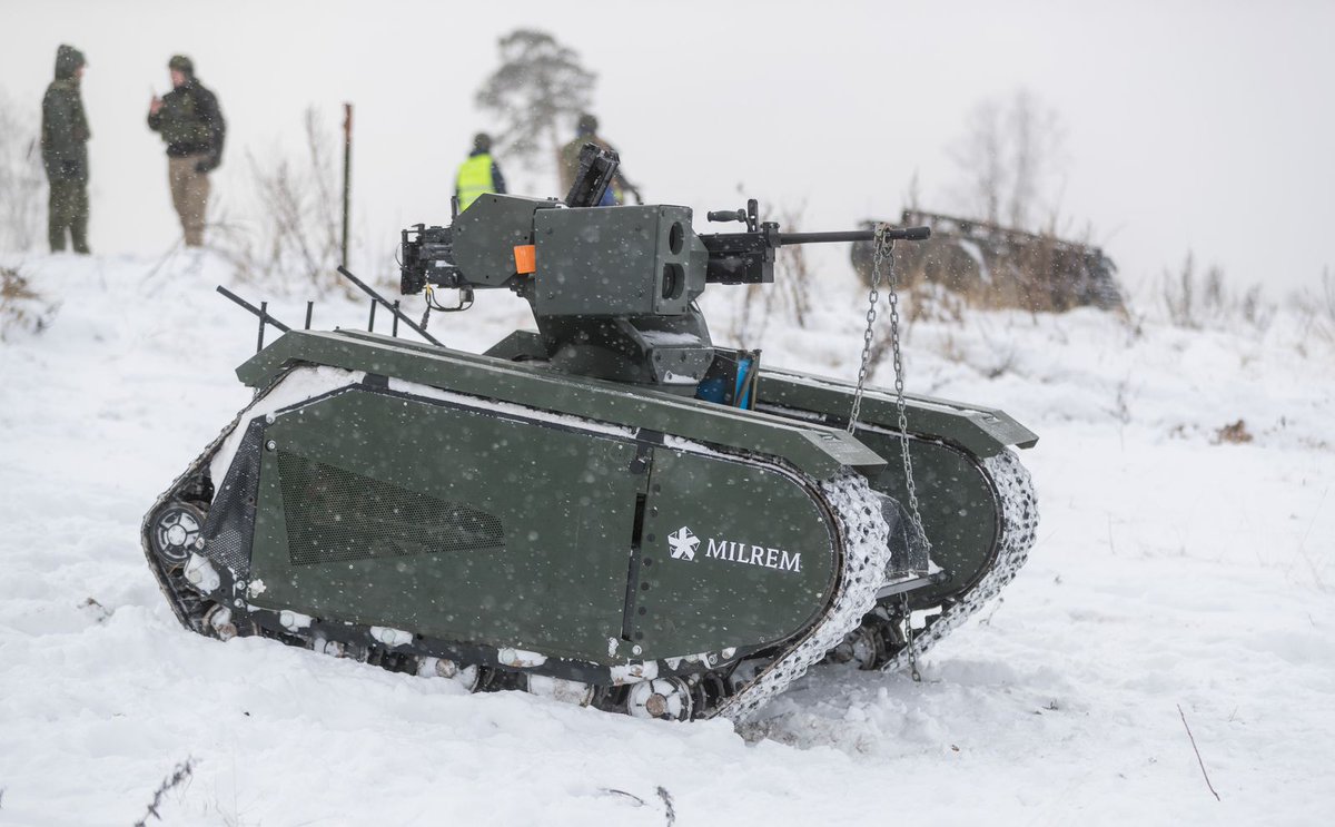 estNATO's tweet photo. #Estonia #MILREM UGV equipped with 12,7mm ADDER gun goes through tests with @Kaitsevagi https://t.co/nI2wXg4Ids https://t.co/FJs2BNyuZe