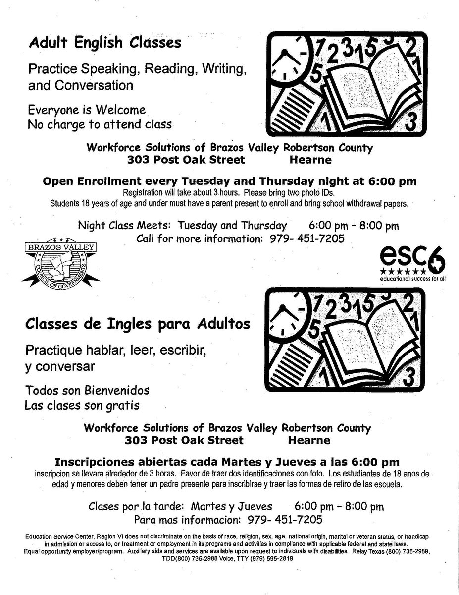 ESC6 is offering free Adult English Classes at 303 Post Oak St in Hearne, TX