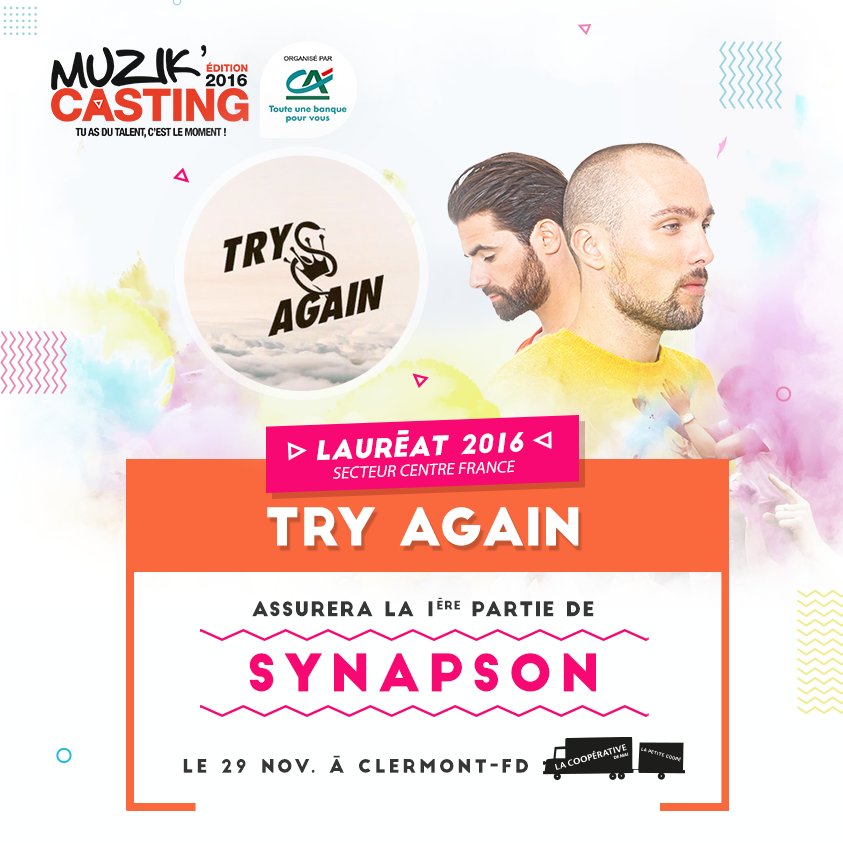 MuzikCASTING's tweet photo. // RÉSULTATS
Un grand bravo à @tsaofficiel qui a obtenu les faveurs des internautes. Ils joueront à #Clermont en 1st part de @synapson 🔥 https://t.co/rrS2ALNT9i