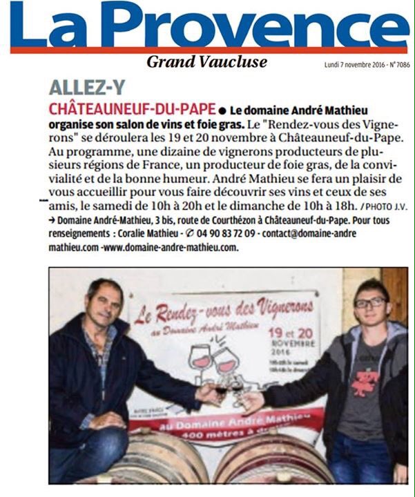 DneAndreMathieu's tweet photo. Article du jour dans @laprovence ! Merci ! Rendez-vous les 19 et 20 Novembre au #domaineandremathieu à #chateauneufdupape ! https://t.co/lJJCcajeoI