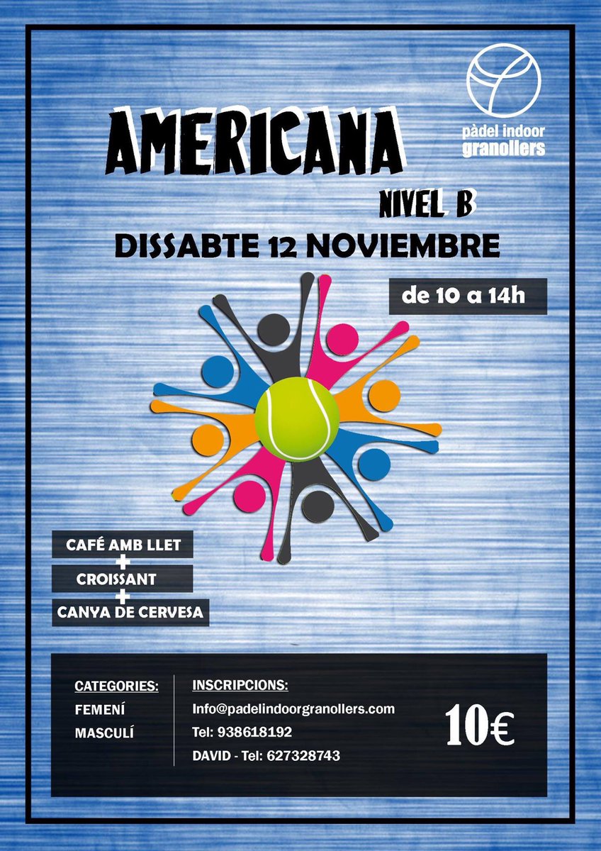 🎾🎾 "IMPERDIBLE AMERICA SABADO 12 DE NOVIEMBRE" 🎾🎾
en Padel Indoor Granollers"NIVEL B"
• Los esperamos a todos a pasar un sábado diferente
