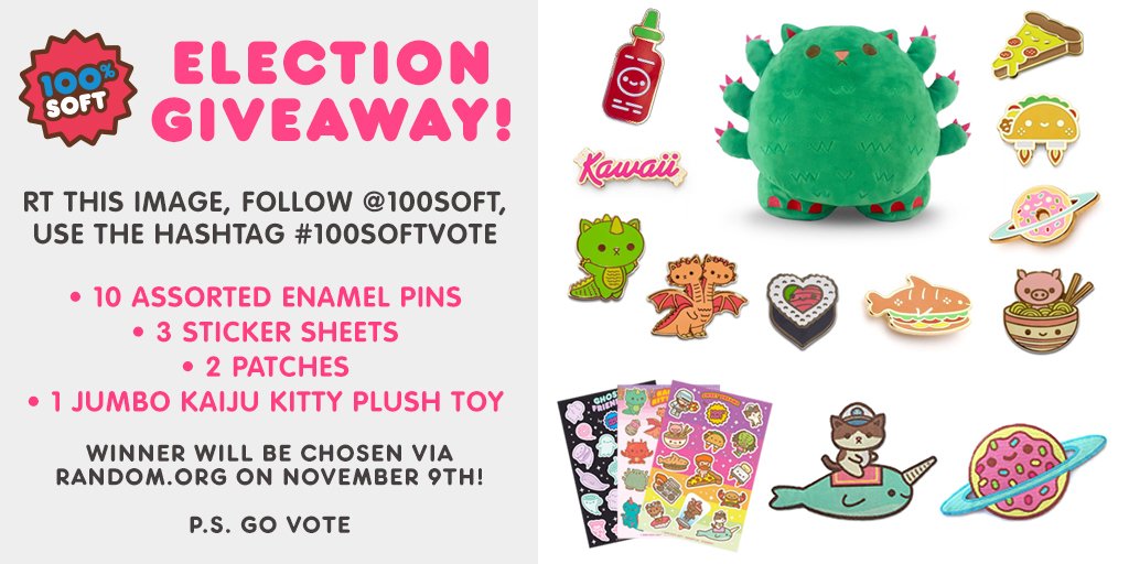 🇺🇸 ELECTION GIVEAWAY! 🇺🇸 RT, follow <a href="/100soft/">100% Soft • ᴗ •</a>, use hashtag #100softvote &amp; win 10 assorted pins, 3 sticker sheets, 2 patches, 1 jumbo plush!