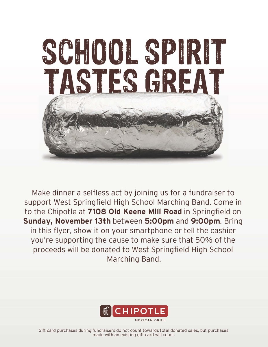 wshsband's tweet photo. Join Us Sun. 11/13, 5-9pm—Chipotle Fundraiser—Old Keene Mill (near Trader Joes)—50% supports the band, bring flyer #supportourband https://t.co/jTsNrAJSLt