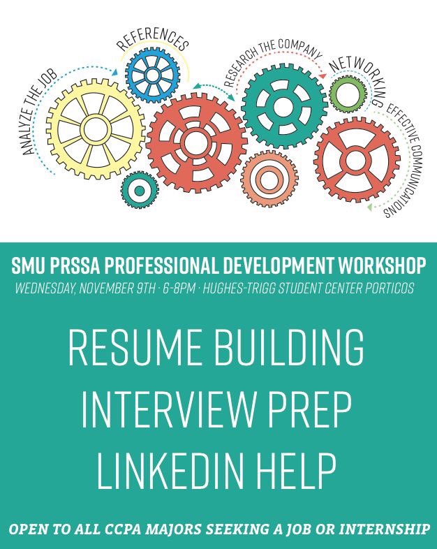 smuprssa's tweet photo. Please join us for the Professional Development Workshop Nov. 9 to learn more about resume, interview and LinkedIn tips! #smuprsaa #prssa https://t.co/yqFCI4jbF4
