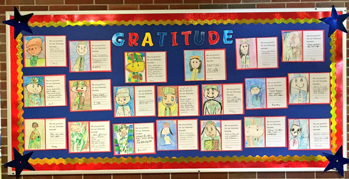 WOSnews's tweet image. #WOSwordofthemonth bulletin board by #mrslukeWOS&apos; class #gratitude #vetiquette #VeteransDay
