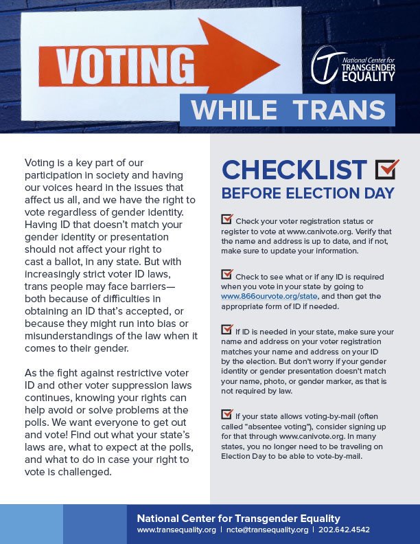 LambdaLegal's tweet photo. "Voting While #Trans," an excellent resource from @TransEquality: https://t.co/13FEWulDl2 #Election2016 #ElectionFinalThoughts #LGBT https://t.co/TzWYgtEc9o
