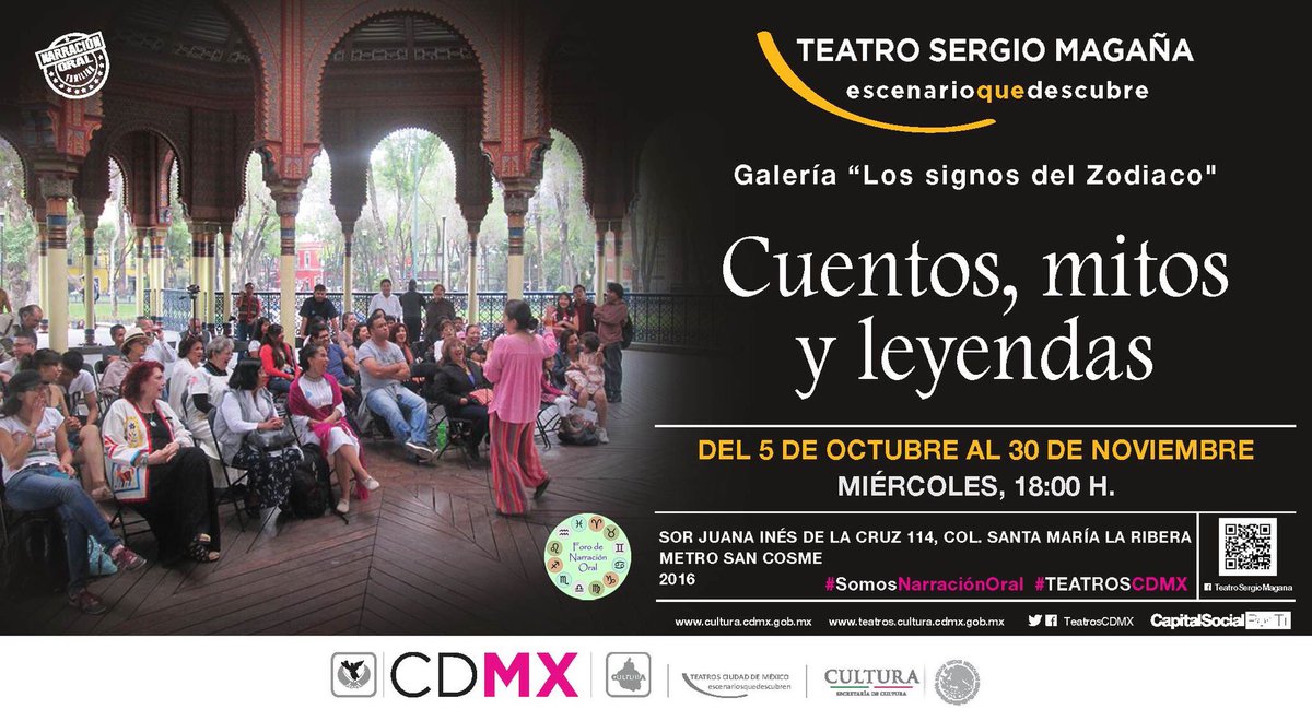 TeatrosCDMX's tweet photo. Siguen los #CuentosMitosYLeyendas en la galería del #TeatroSergioMagaña MIÉRCOLES 6PM trae a los pequeños a imaginar ¡historias increíbles! https://t.co/0bFnHaOs8v