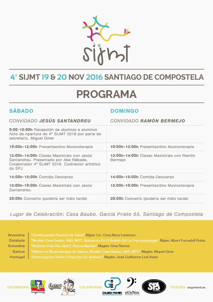 MTAGAMUS's tweet photo. 4º SEMINARIO INTERNACIONAL DE JAZZ e MUSICOTERAPIA. INVITADOS ¡JESÚS SANTANDREU! ¡RAMÓN BERMEJO!https://t.co/HpFdOciXPH https://t.co/K9Nm3H1eDB