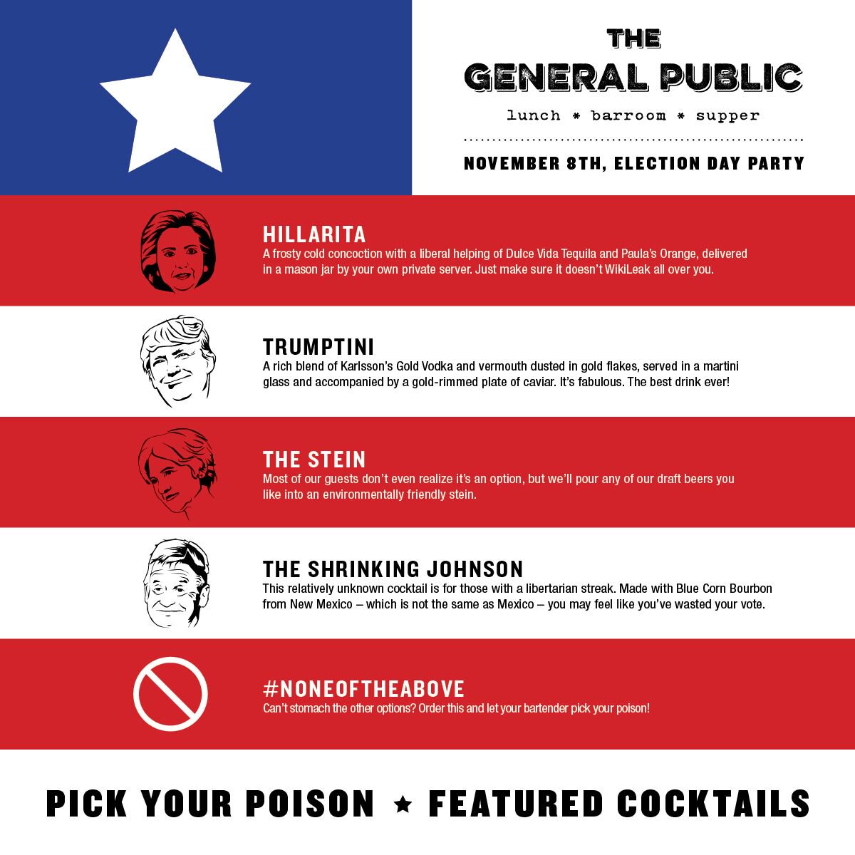 thegenpublic's tweet image. Join us tomorrow for our Presidential Election 16' Party to Forget!Wear your “I Voted” sticker &amp;amp; get a free app. w/ purchase of a menu item!