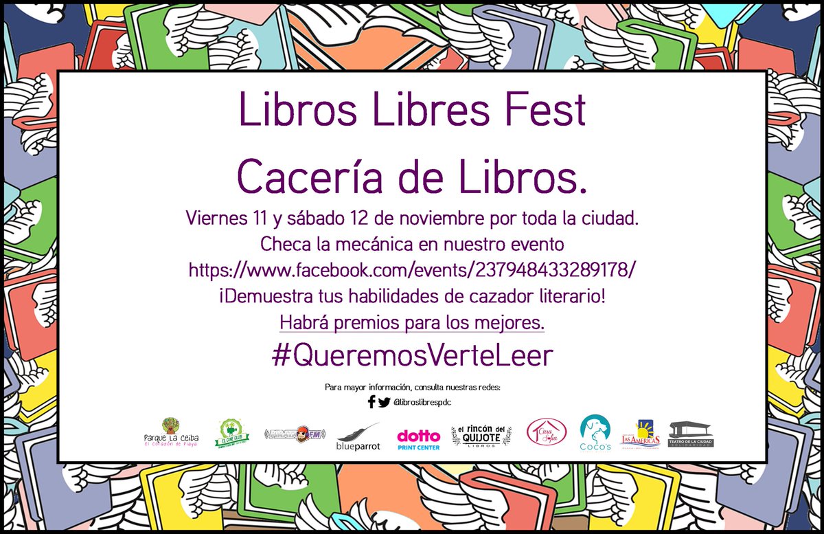 La cuenta regresiva comienza!
#LibrosLibresFest empieza el viernes, te esperamos! 
#QueremosVerteLeer
#PasaLaVoz
Eventos del Viernes 11.