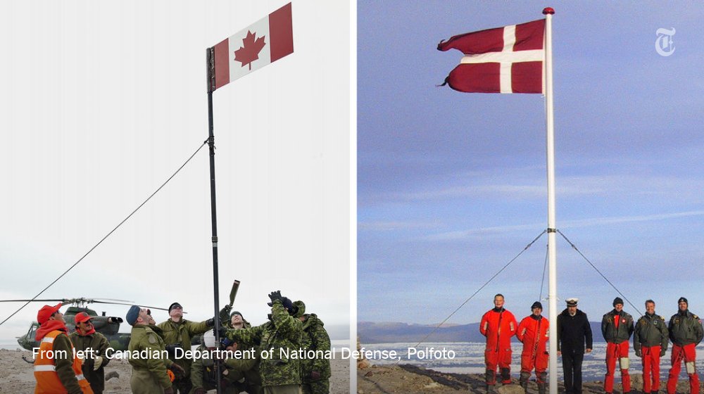 nytimesworld's tweet photo. Canada and Denmark fight over disputed Arctic island with whisky, schnapps and dueling flag-raising ceremonies: https://t.co/c3DEESidOV https://t.co/ZRDYrmdA8l