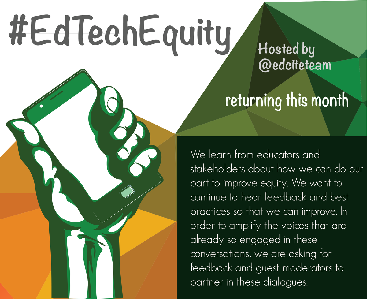 EdciteTeam's tweet image. Our #EdTechEquity chats will return Nov. 21-23. To share topic ideas or volunteer to lead a chat, visit --&amp;gt; goo.gl/forms/91nzhc5Z…