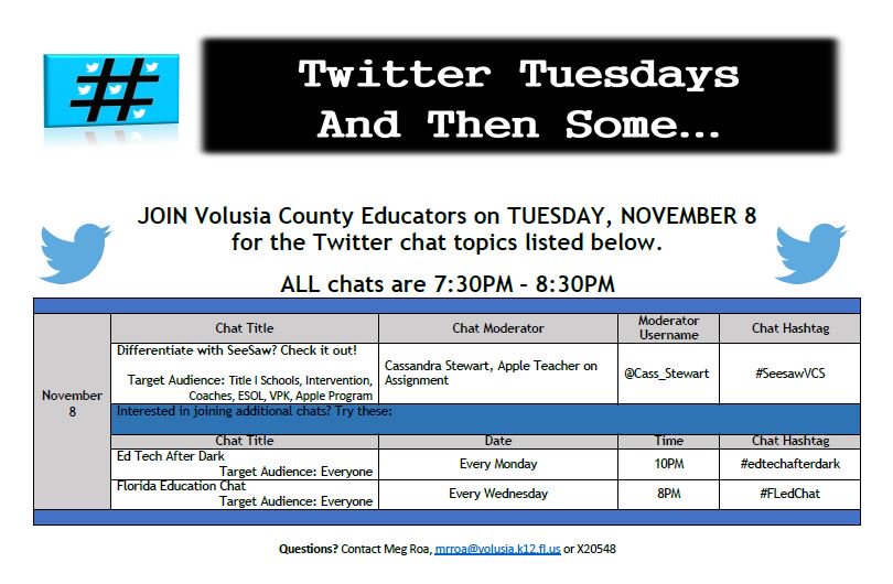 mrroa's tweet image. Hmmmmm...there&apos;s something happening tomorrow.  That&apos;s right-- it&apos;s Twitter Tuesdays w/ Volusia! Join @Cass_Stewart #SeeSawVCS #VCSPLN