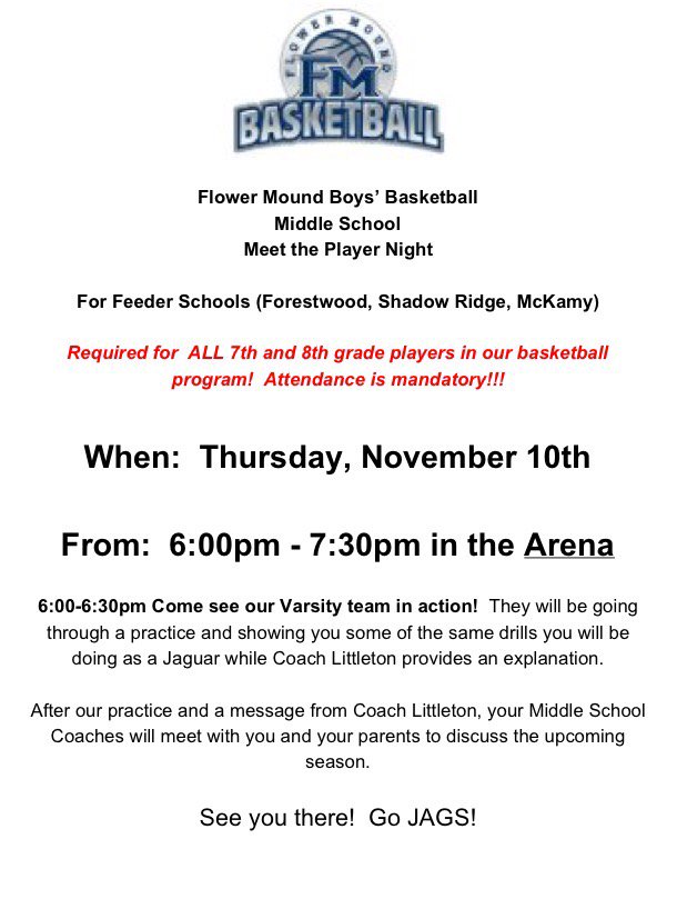 CoachLittleton's tweet photo. Mandatory Middle School Meet the Player night Thursday.  All 7th -8th grade basketball players requires to attend. https://t.co/YWnwORD7ZY