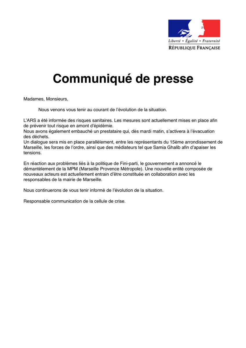 Nouveau communiqué de presse concernant la situation dans le 15ème arrondissement de Marseille #NDLC16 #grp7