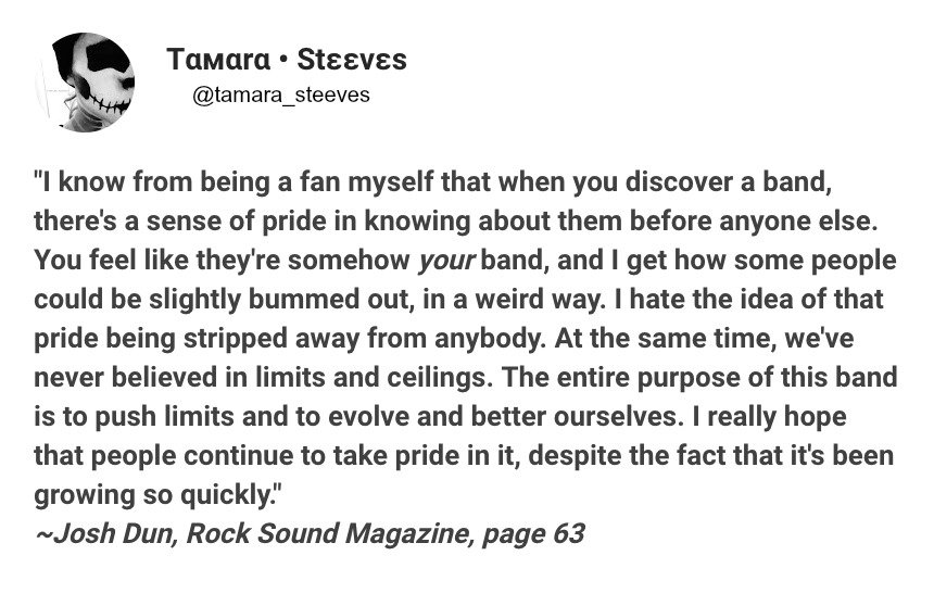 tamara_steeves's tweet photo. Take
Pride
In what is sure
To
Die.
|-/
#Rocksound #Rocksoundmagazine #twentyonepilots #joshdun https://t.co/15wpybcBfM