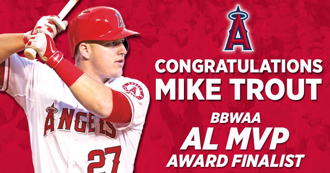 Angels's tweet photo. Your 2014 AL MVP is officially a 2016 AL MVP Award Finalist! Congrats (for the 5th straight year) to the one and only, @MikeTrout 👏👏👏 https://t.co/T5pOhrI5I8