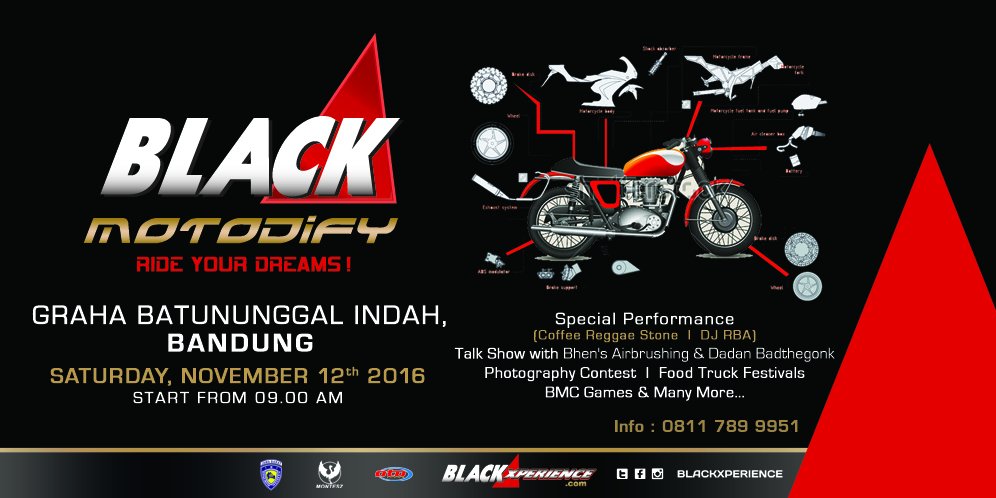 blackxperience's tweet photo. Ready for ride ure dreams? Krn Black Motodify hadir lg nih. Sabtu 12 Nov 2016 di Graha Batununggal Indah, Bandung.

https://t.co/A8im8uHm4u https://t.co/lJ0o8vAwWR