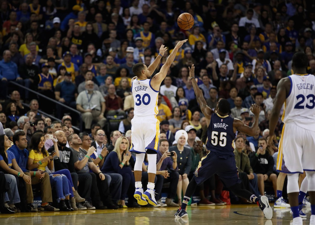 After not hitting a three in his last game, Steph Curry hits his 13th three tonight - a new NBA single-game record.