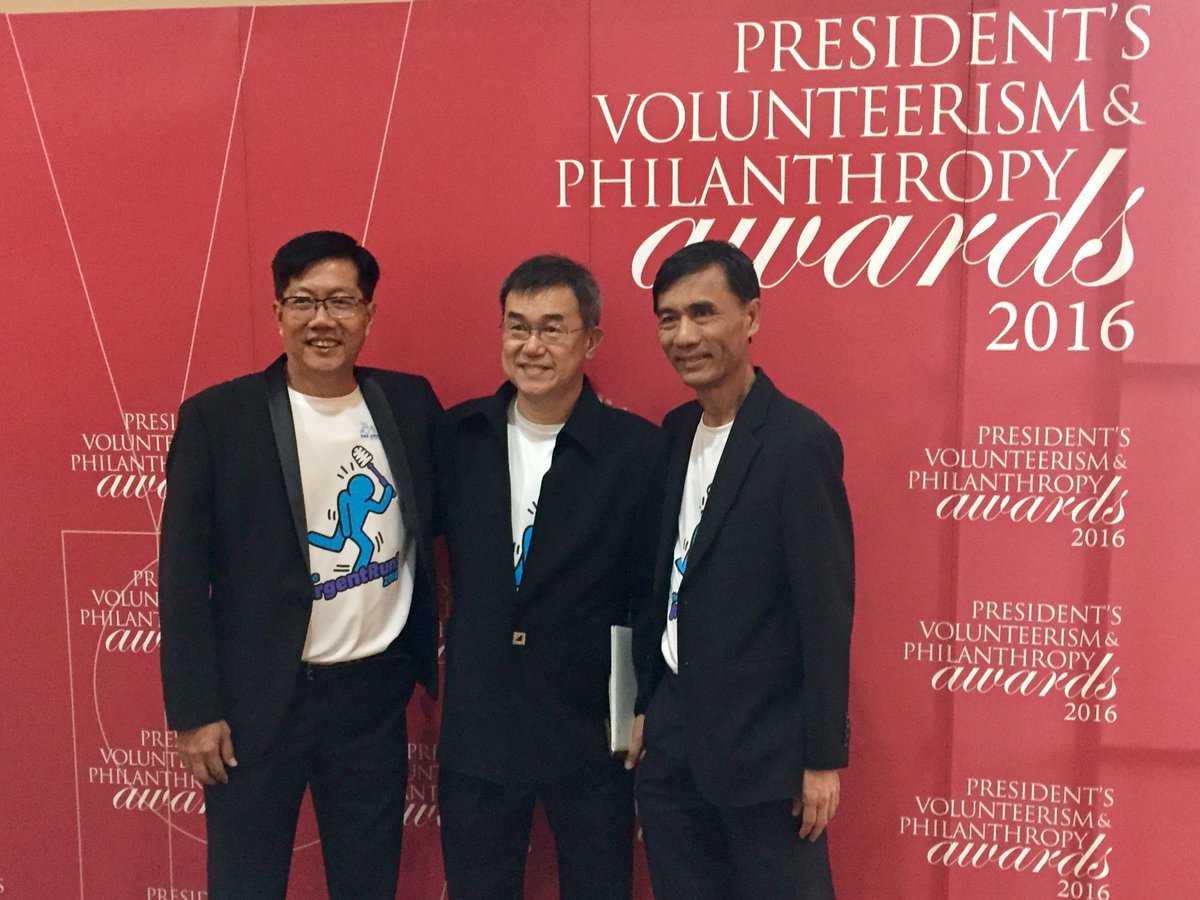 WorldToilet's tweet image. The 3 childhood friends at the President’s Volunteerism Philanthropy Awards 2016.
#WTO #NVPC #PVPA