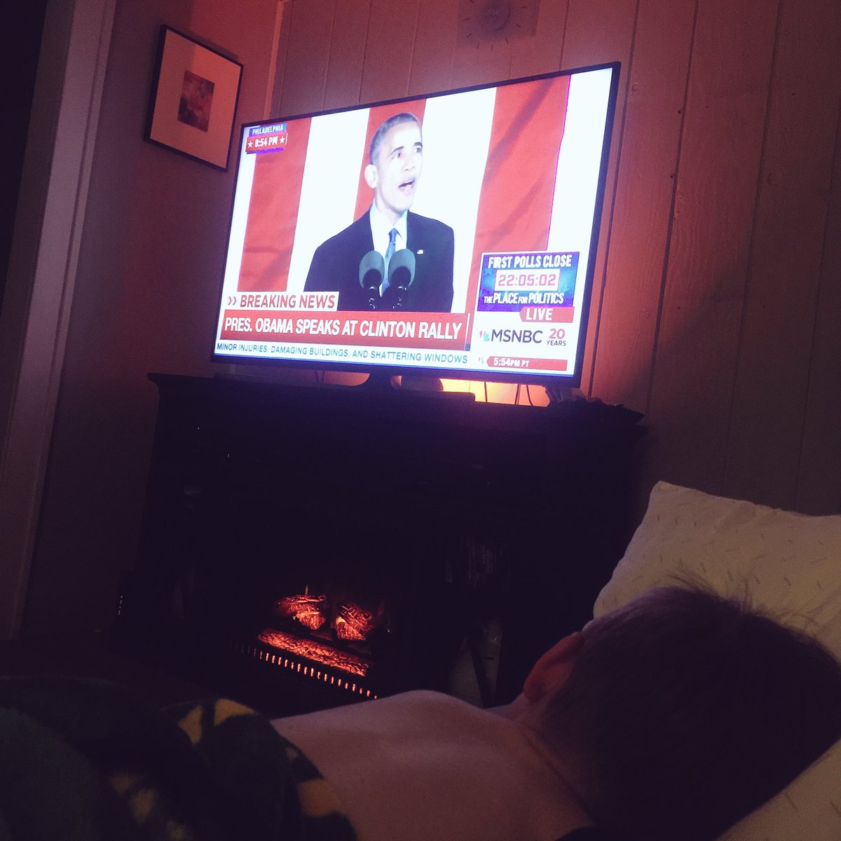 schnaity's tweet photo. I had to let #5 stay up past his bedtime to watch. He wanted to "see President Obama and Hillary Clinton" #ImWithHer #HillaryPhilly https://t.co/ekHfyjljSY