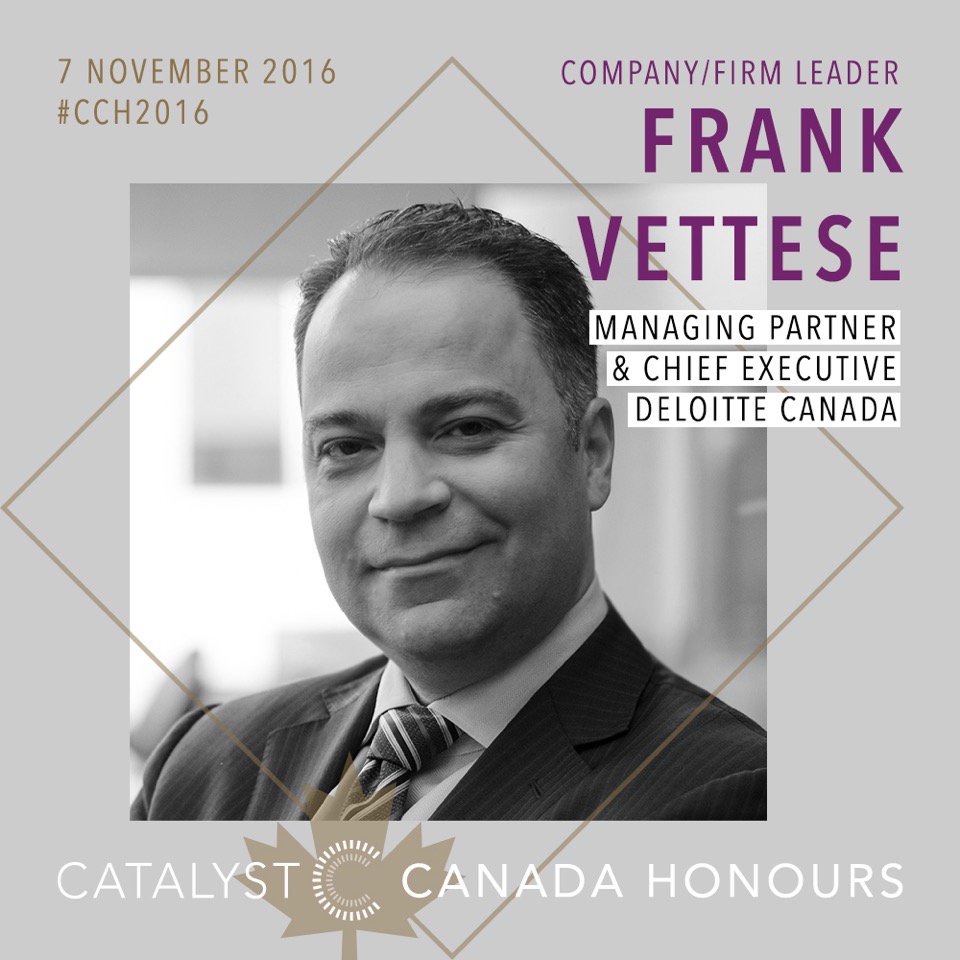 DeloitteCanada's tweet photo. Congratulations to our CEO Frank Vettese who was named the Catalyst Canada Honours Champion #CCH2016 #inclusion #diversity https://t.co/sHTkNbaQ1d