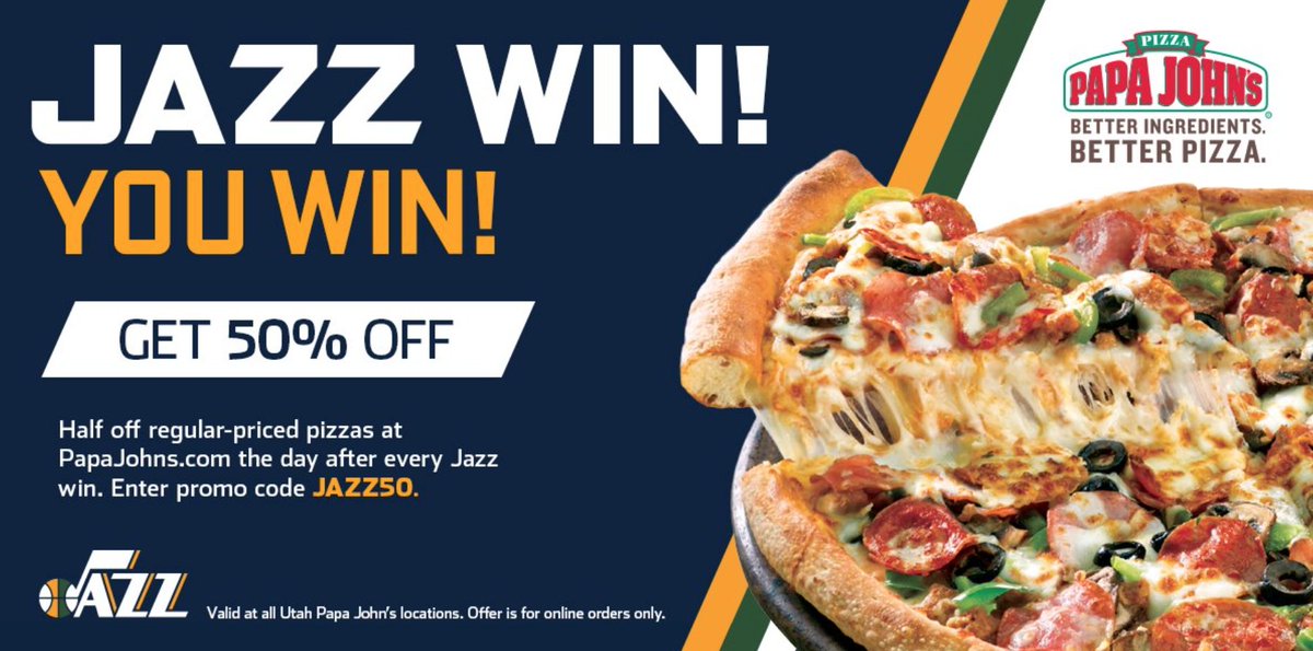 Now this is a Monday we like! Use "JAZZ50" all day tomorrow at papajohns.com  for 50% off your pizza!!! https://t.co/GaNTFrx5JJ