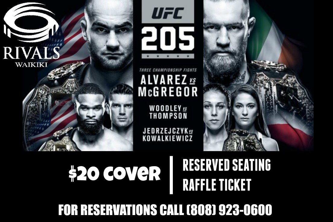 RivalsWaikiki's tweet photo. THIS SATURDAY join us for UFC 205 | Alvarez vs McGregor | Nov. 12th! ***Limited seating available*** https://t.co/JuVhmcBIWz