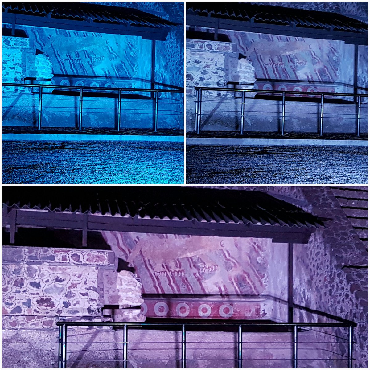 ExperNocturTEO's tweet photo. De diversas tonalidades podrás admirar el Mural del Puma en Calzada d los Muertos #ExperienciaNocturna #Teotihuacan https://t.co/V6wM3MUHoY