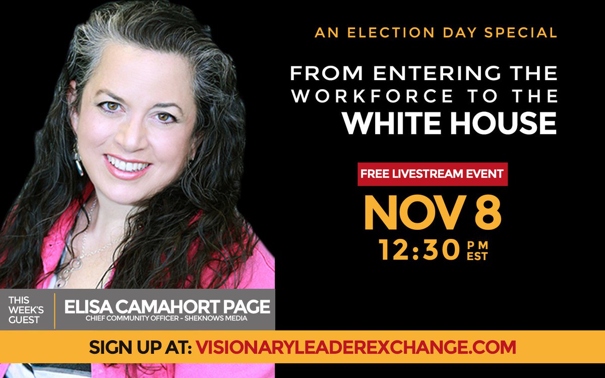 TheVLNetwork's tweet photo. From Entering the Workforce to the White House with @ElisaC. Sign up today! https://t.co/XjAZaUvABy #ElectionDay2016 #POTUS https://t.co/bVwTbrWZ8O