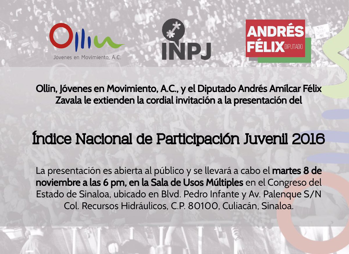 ollinorg's tweet photo. No olviden que, junto a @AndresFelixZa, los invitamos a la presentación de #INPJ2016 en Sinaloa, mañana a las 6 pm :D Toda la info aquí: https://t.co/TDKq2Ze7U6