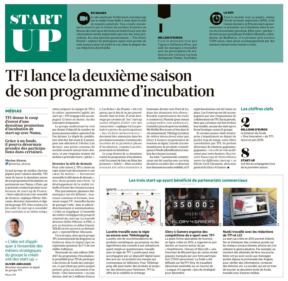 Maylis Carçabal (@maycarcabal) on Twitter photo Must read
l'article de <a href="/marina_alcaraz/">marina alcaraz</a> ds <a href="/LesEchos/">Les Echos</a> sur la 2e saison du programme d'incubation <a href="/GroupeTF1/">Groupe TF1</a> #OpenInno #Digital #startup Must read
l'article de <a href="/marina_alcaraz/">marina alcaraz</a> ds <a href="/LesEchos/">Les Echos</a> sur la 2e saison du programme d'incubation <a href="/GroupeTF1/">Groupe TF1</a> #OpenInno #Digital #startup