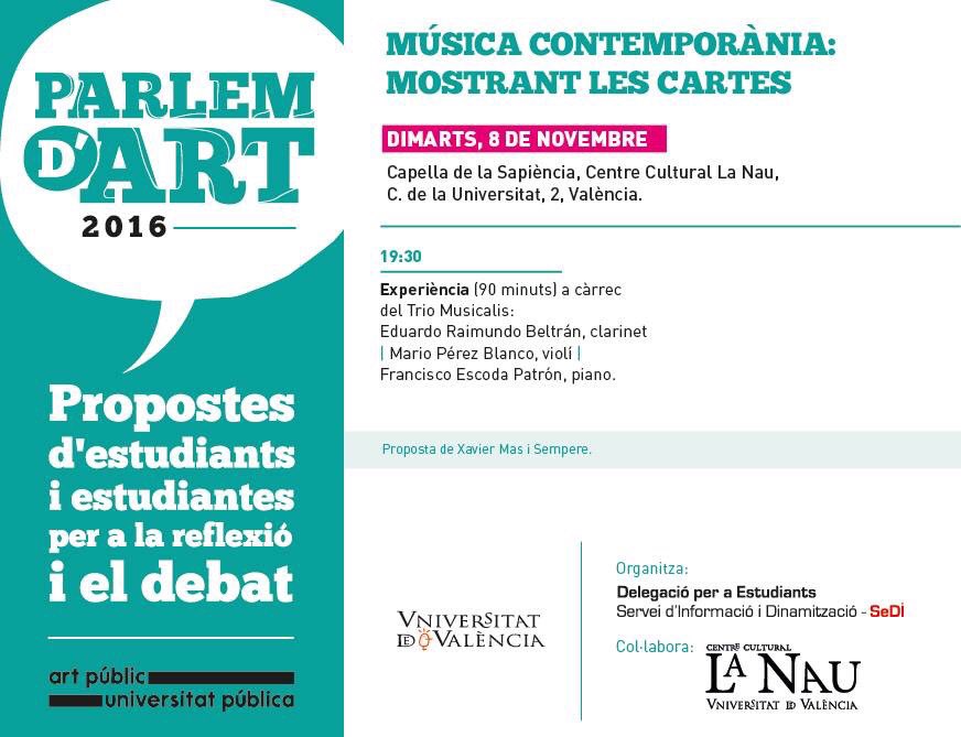 MaytetxuAndreu's tweet photo. Aquesta vesprada a @LaNauuv Música Contemporània: mostrant les cartes #Triomusicalis https://t.co/c0cuqckqsh