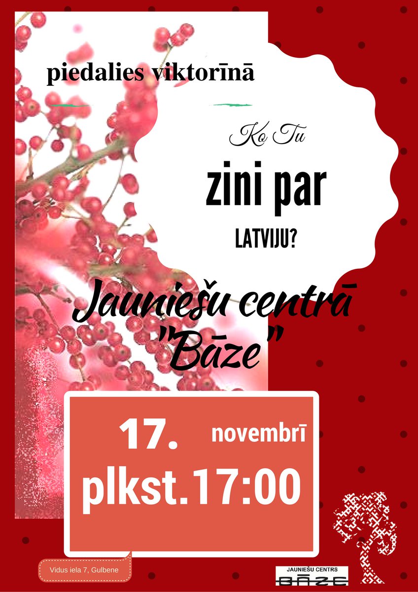 Gulbenes_novads's tweet photo. @Gulbenes_novads @JC_BAZE aicina piedalīties dažādās aktivitātēs-mākslas nodarbības,angļu val. klubiņš,dejas,viktorīna par Latviju.Izvēlies! https://t.co/mDB0A8dsXO