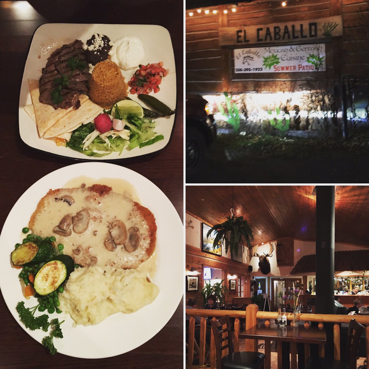 sswchow's tweet photo. El Caballo, home of Mexican-German cuisine. So, naturally, we got carne asada and Schnitzel. #smalltownbc #100MileHouse @mackgord https://t.co/26xQCC501d