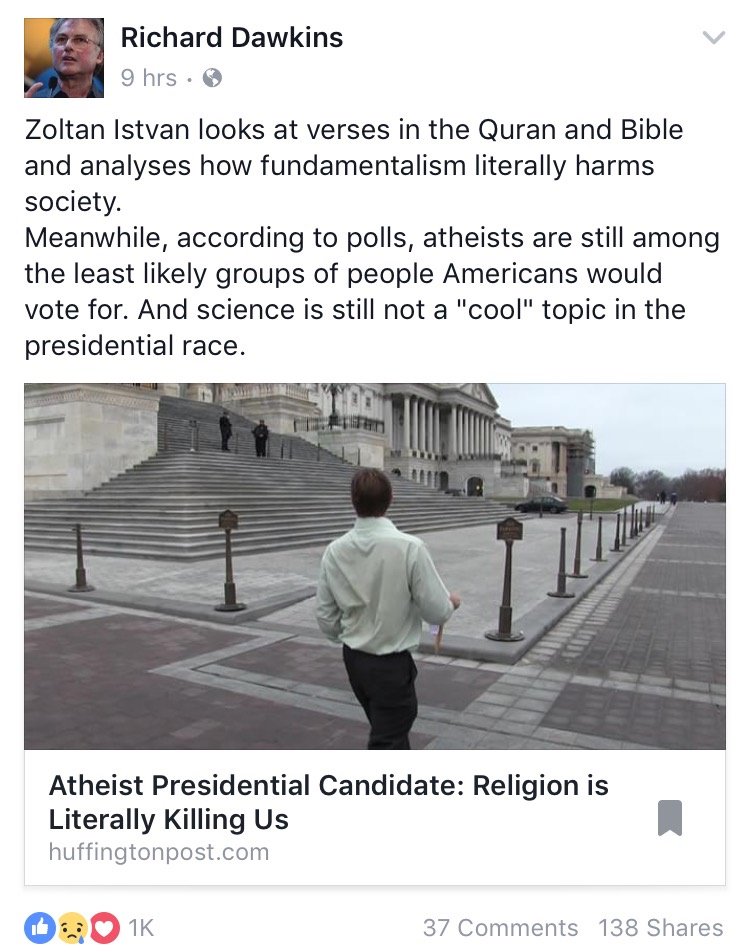 zoltan_istvan's tweet photo. Richard Dawkins Facebook pg sharing my #atheism story on #election2016 eve https://t.co/eXpPd6Ruzh #transhumanism #ScienceCandidate #atheist https://t.co/vpG0kIjGUn