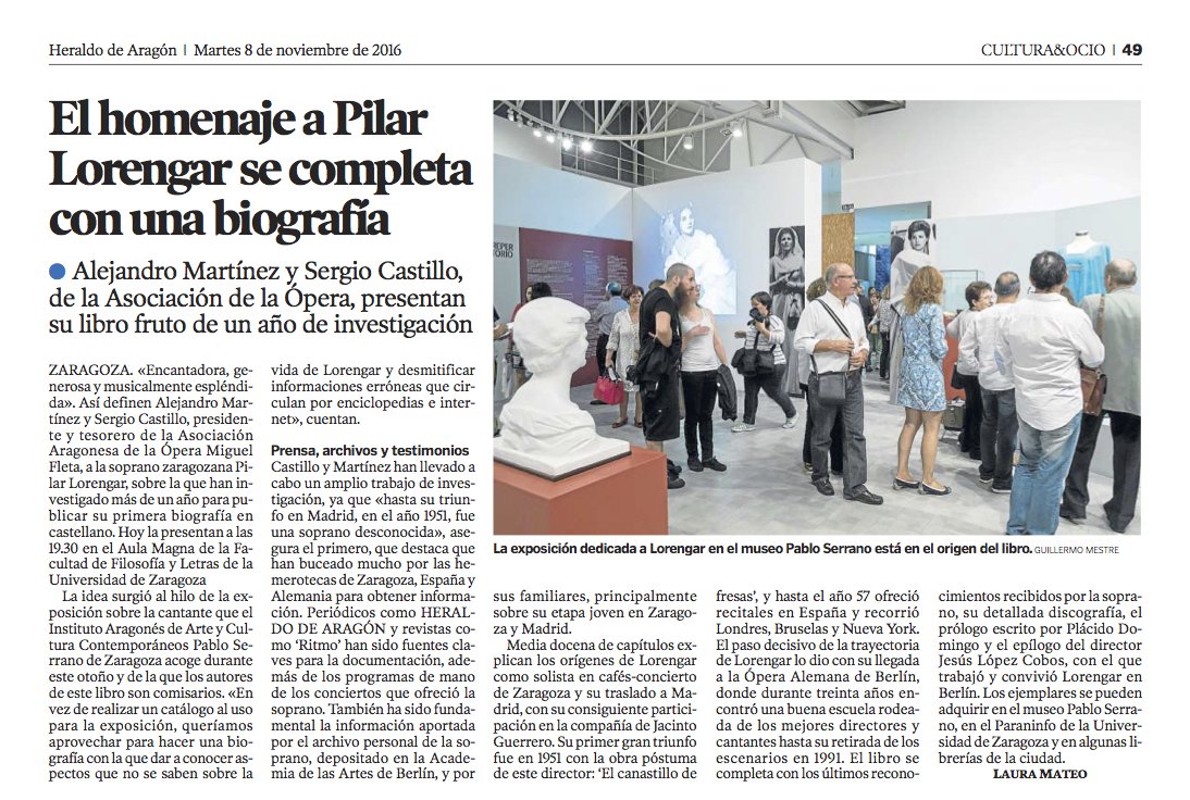 Hoy <a href="/heraldoes/">Heraldo de Aragón</a> recoge la presentación de la biografía sobre Pilar Lorengar, hoy a las 19,30 horas en la Facultad de Filosofía de Zaragoza.