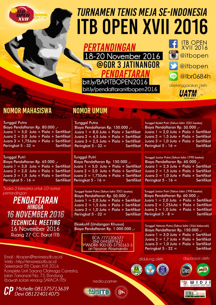 Mau main pingpong sama atlet nasional? Buru daftar turnamen tenis meja se-Indonesia ITB Open 18-20 Nov! IG&amp;twitter <a href="/itbopen/">ITB Open XVIII 2018</a> Line @lbr0684h