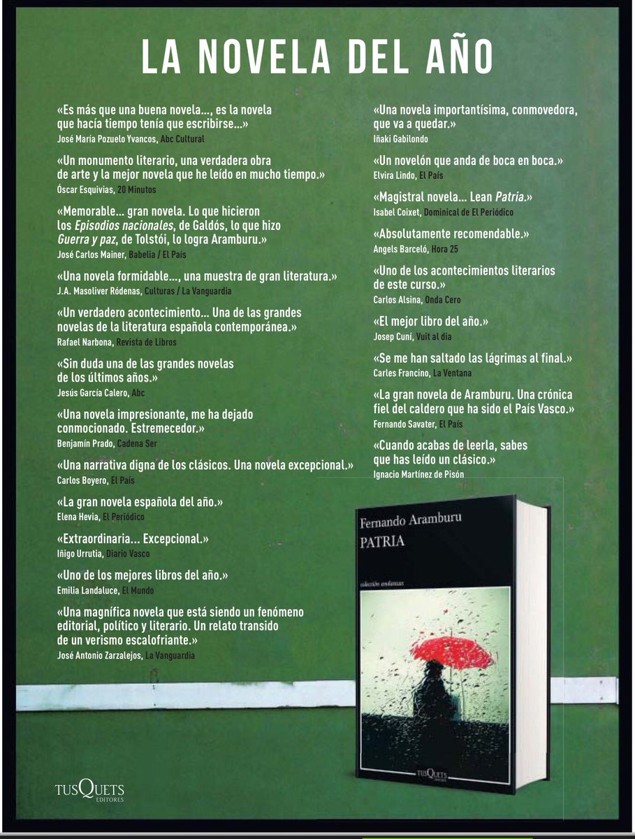 Esto han escrito sobre «Patria». No os perdáis a <a href="/FernandoArambur/">Fernando Aramburu</a> junto a <a href="/MiguelMenaZGZ/">Miguel Mena</a> (<a href="/TusquetsEditor/">Tusquets Editores</a>) - 20h, Paraninfo Unizar