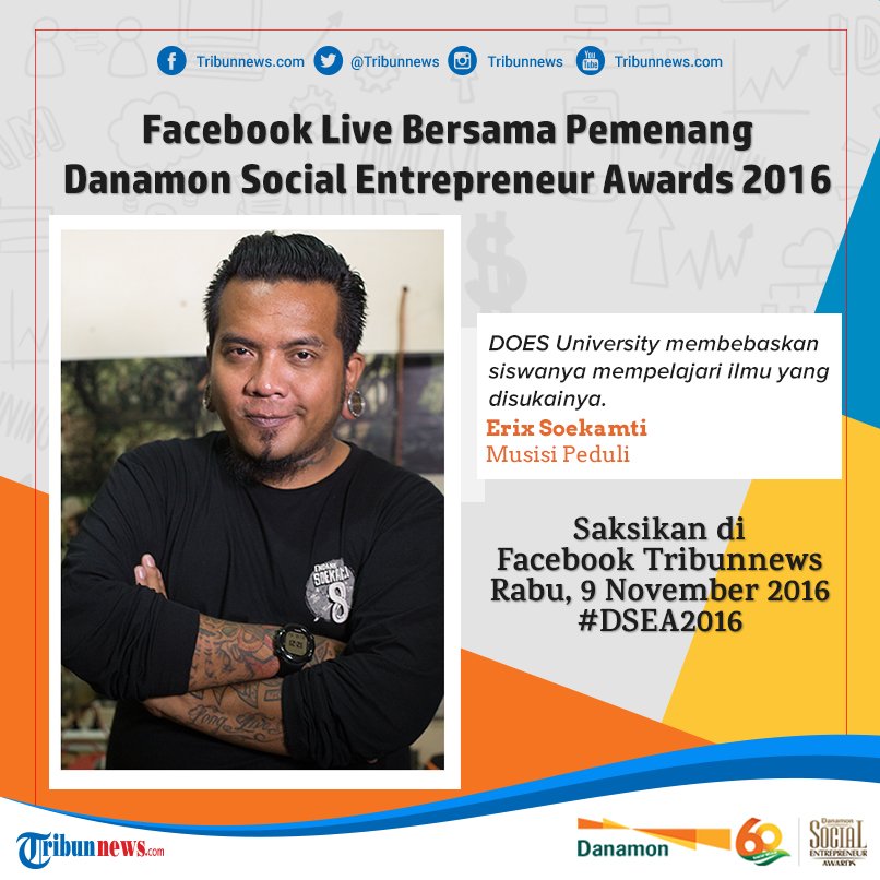 tribunnews's tweet photo. Facebook Live Bersama Nominasi Pemenang Favorit Danamon Social Entrepreneur Awards 2016, Erix Soekamti https://t.co/J232veMz1y #DSEA2016 https://t.co/bfj4v98WR6