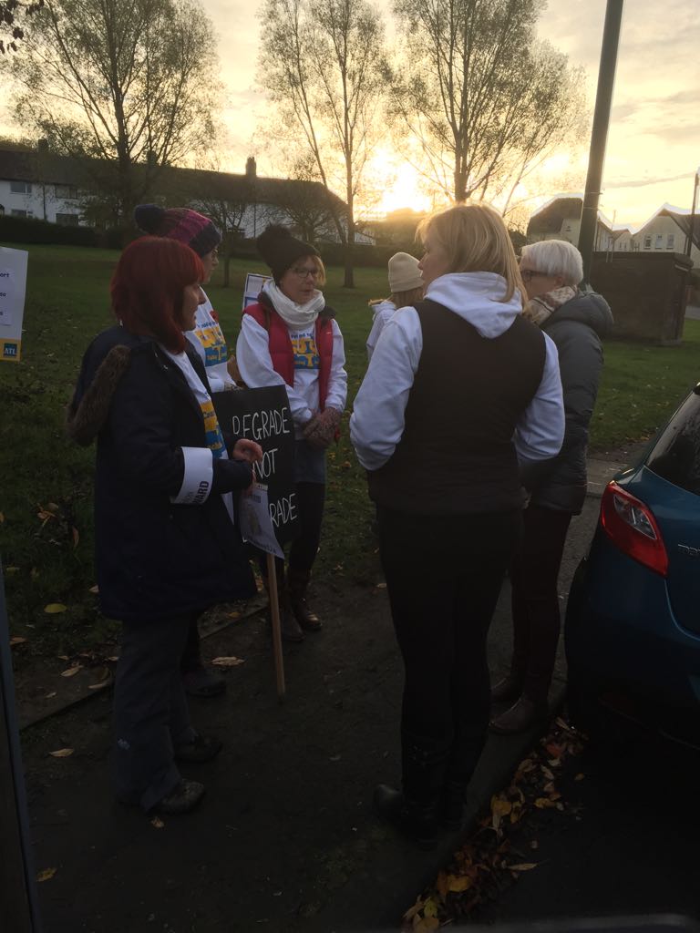 BBCMarkDenten's tweet photo. Pickets gather outside the Grove School Consett as a two day teaching assistants strike begins #TAstrike https://t.co/oktEhPZA53